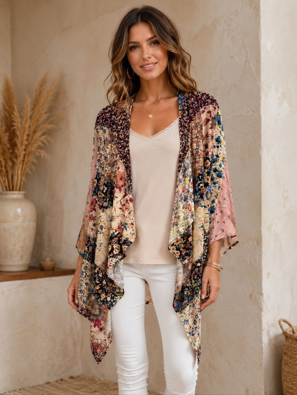 440.Bohemian Floral Patchwork Viscose Cardigan Kimono